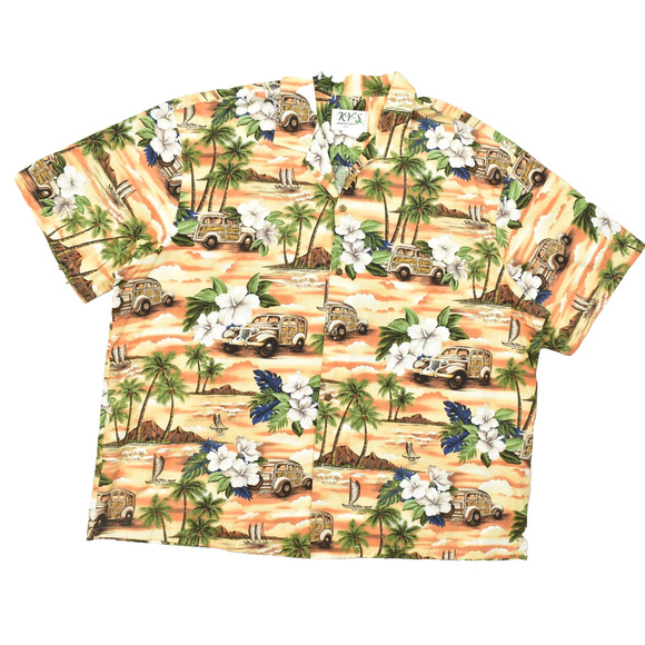 KY's Men's 3XL Hawaiian Shirt Palm Trees Woody Cars Made in Hawaii - Picture 1 of 8